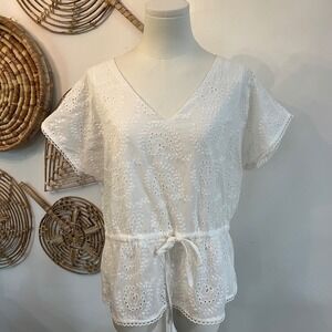 Everly White Eyelet Cotton Top Peplum Blouse Cottagecore Boho Tie Waist M